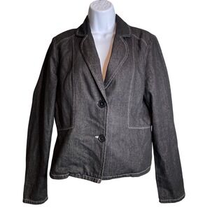 Tristan & Iseut Womens Denim Jacket Sz M Dark Wash White Stitching Y2K Fitted‎